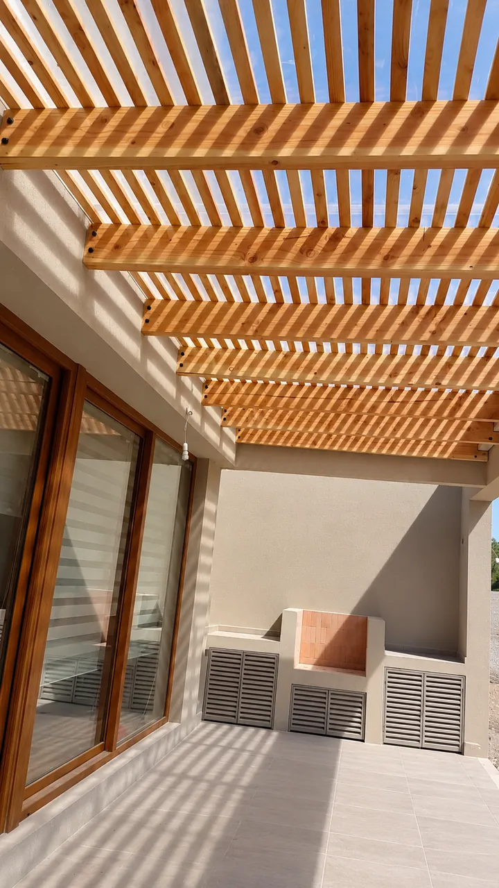 Vigas y empalizado de pino oregón sobre la terraza