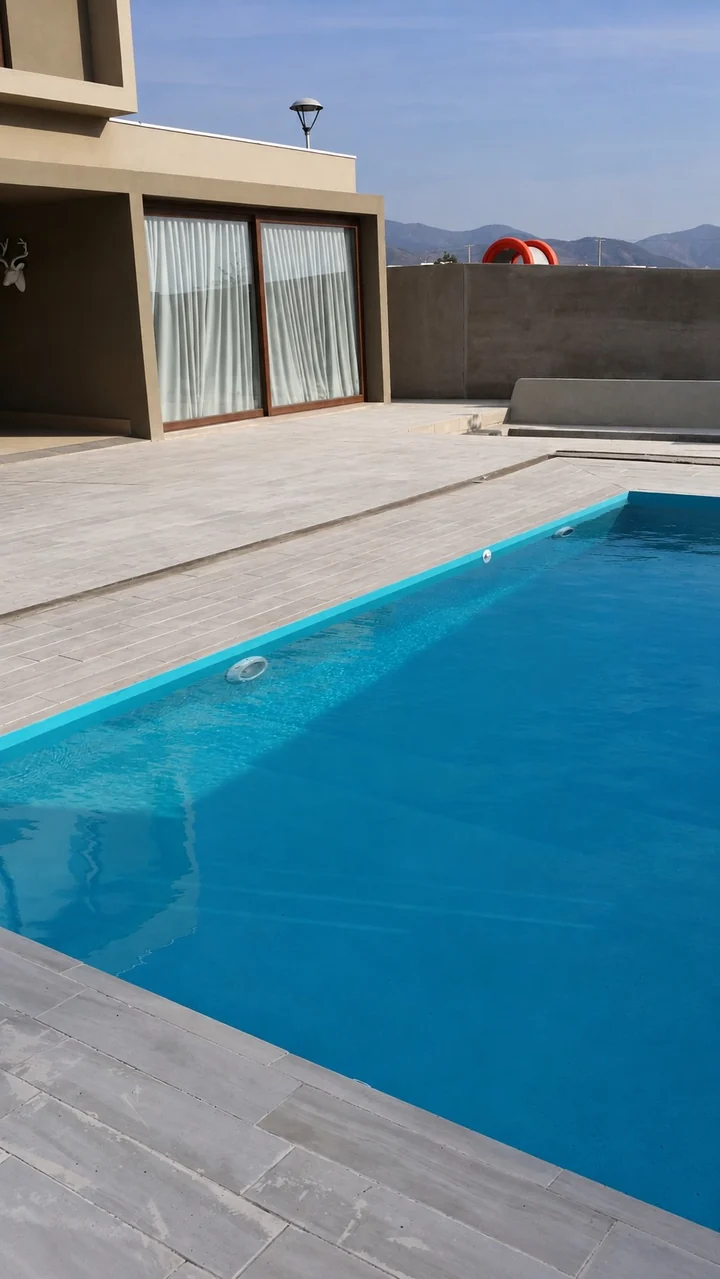 Piscina espejo y terraza de porcelanato junto a la casa